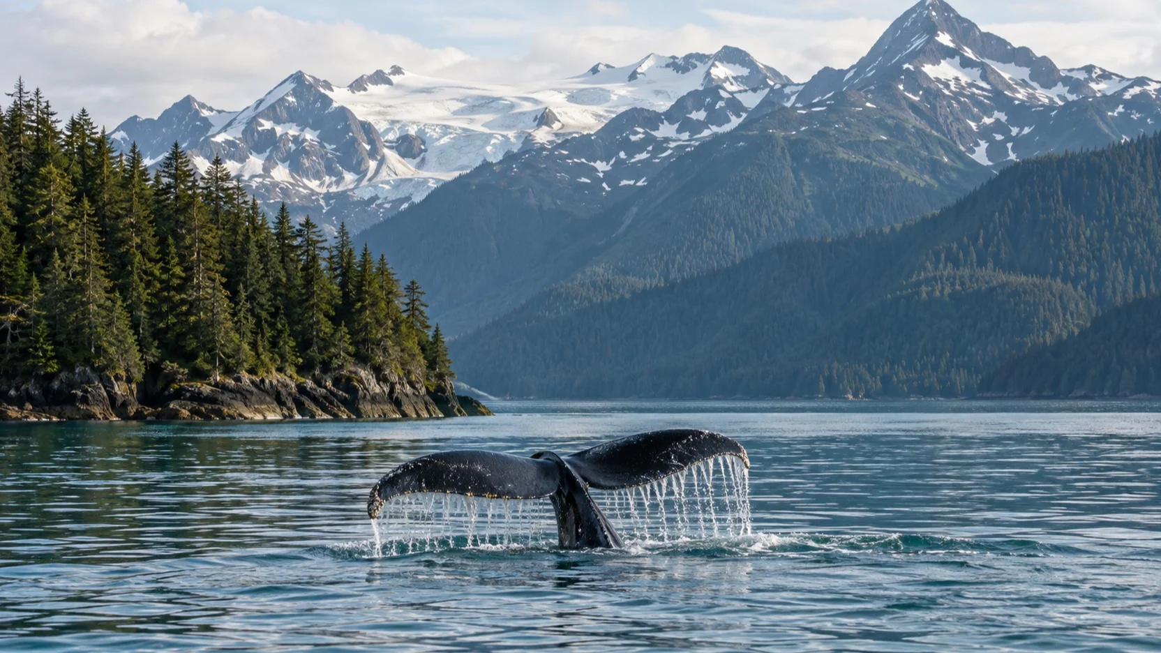 Humpback whale tail rising from an Alaska fjord