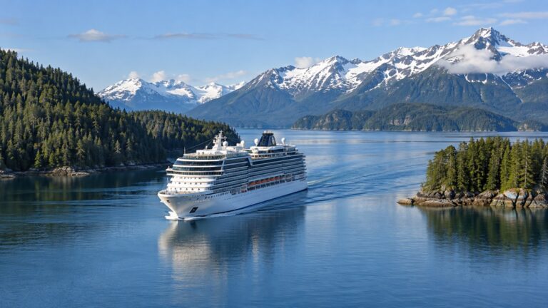 Cruise ship sailing calm water between forested islands in the Alaska Inside Passage.