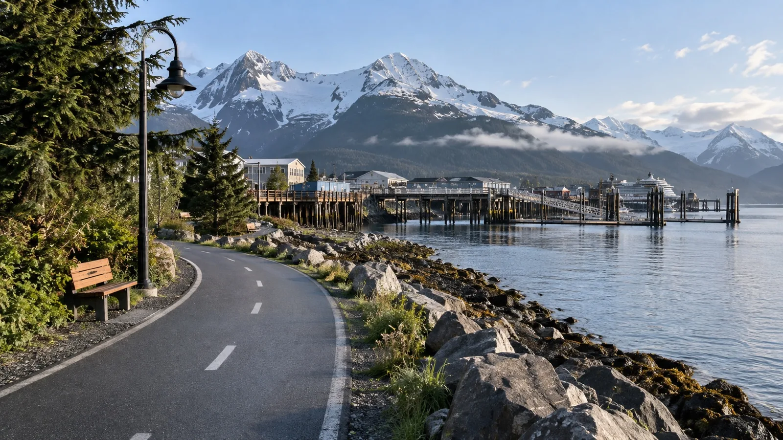 Empty coastal bike path near Alaska cruise port with mountains