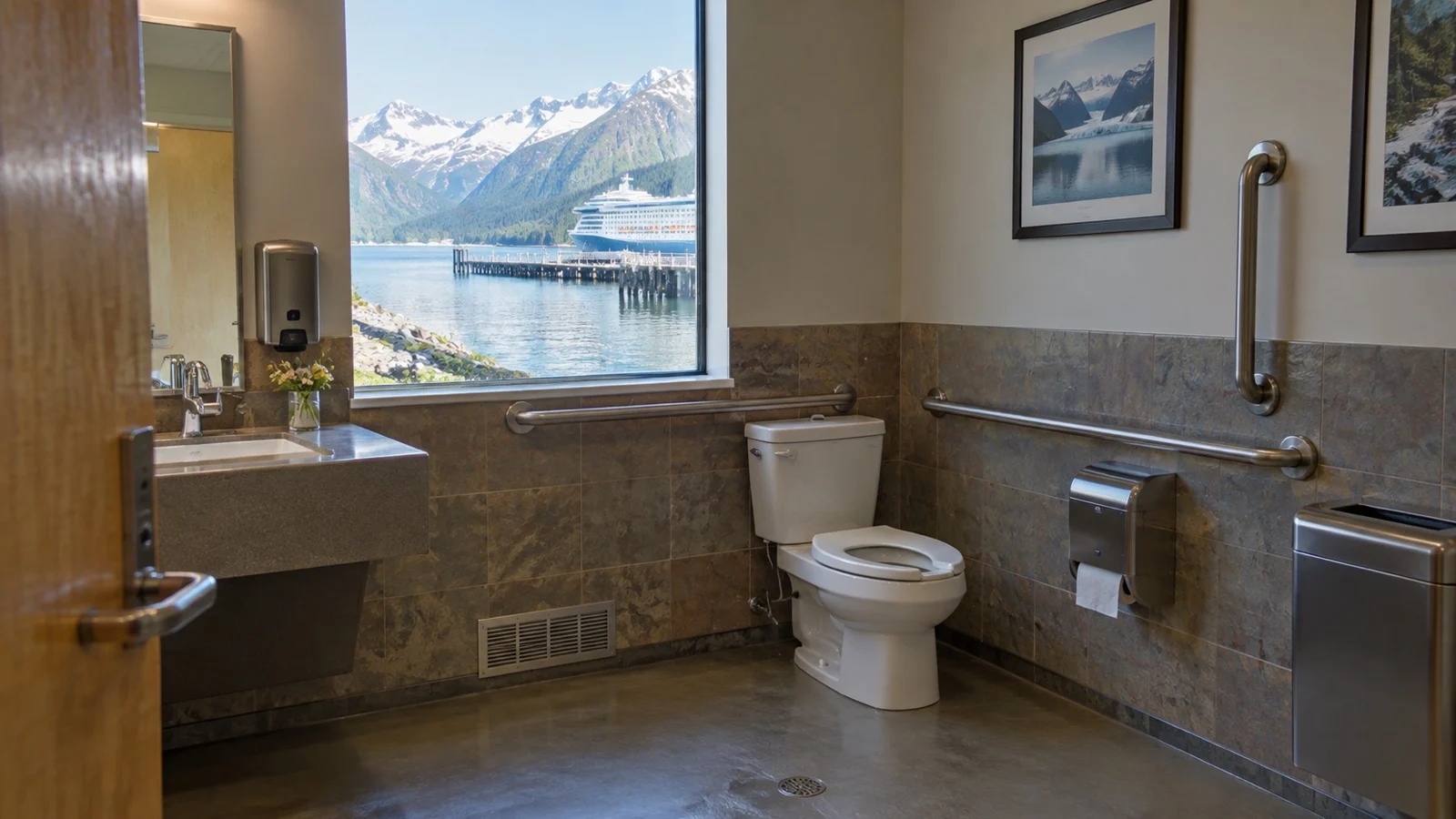 Empty accessible restroom at a small Alaska cruise port visitor center