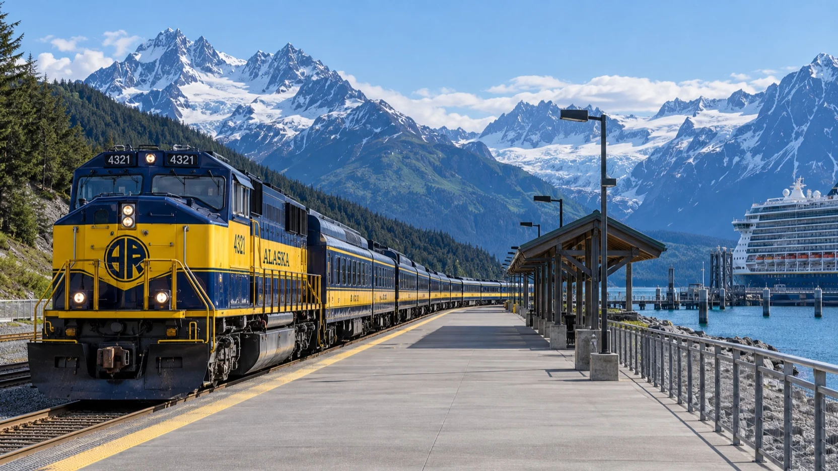 Alaska Railroad train at the empty Seward platform near a cruise ship