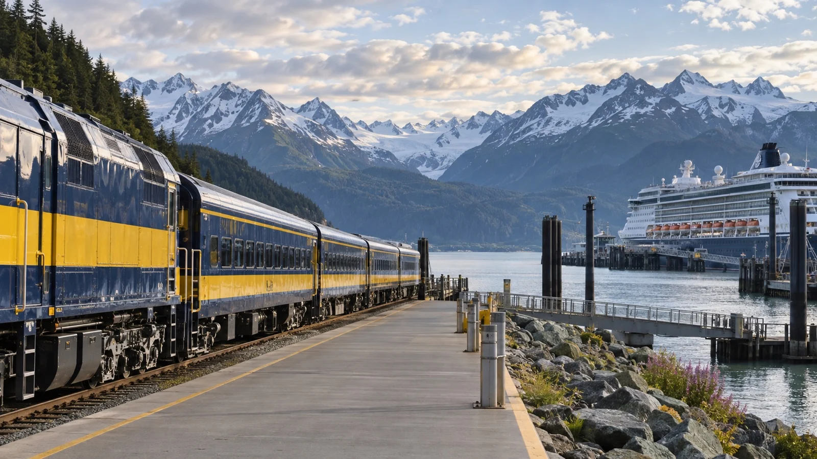 Alaska Railroad train beside the Seward cruise terminal and Resurrection Bay.