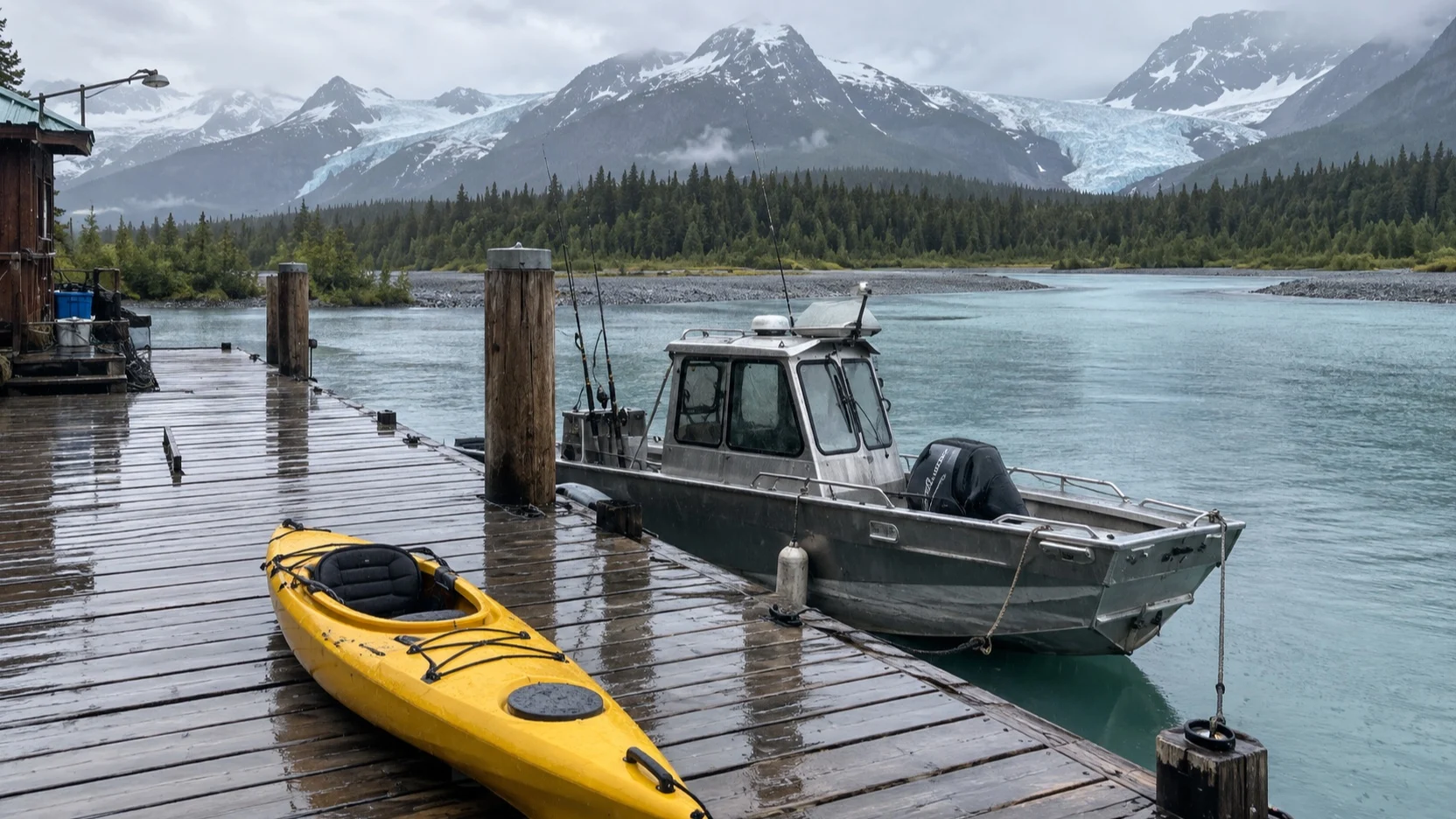 Kayak and fishing boat on a rainy Alaska dock
