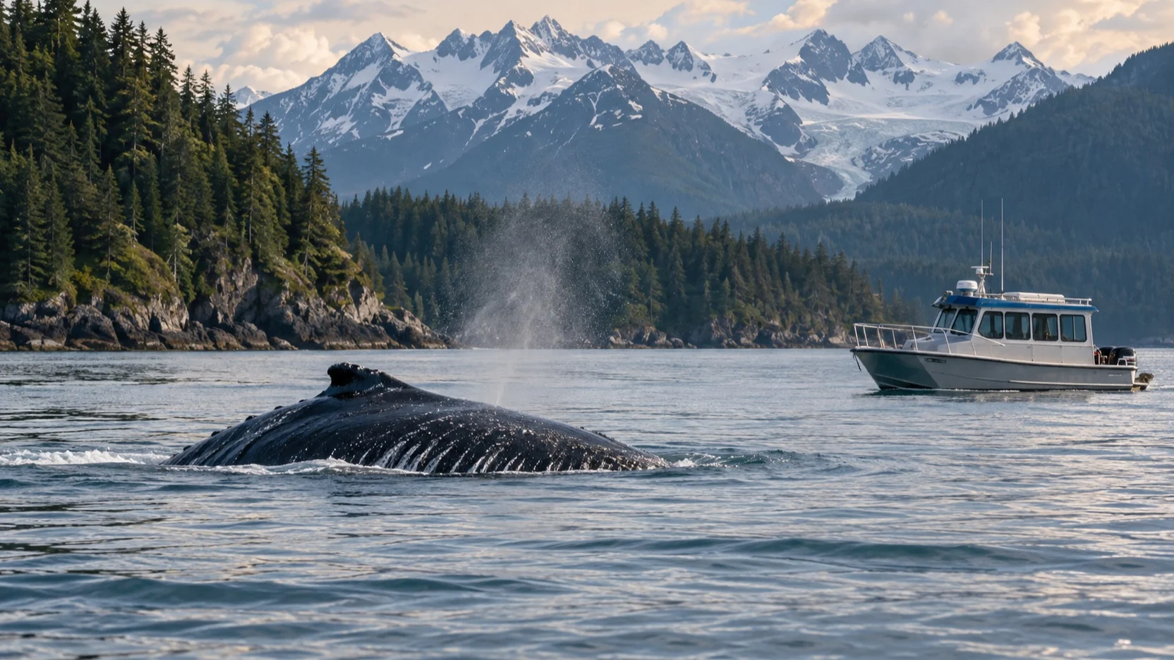 Whale surfacing at a respectful distance from an Alaska tour boat