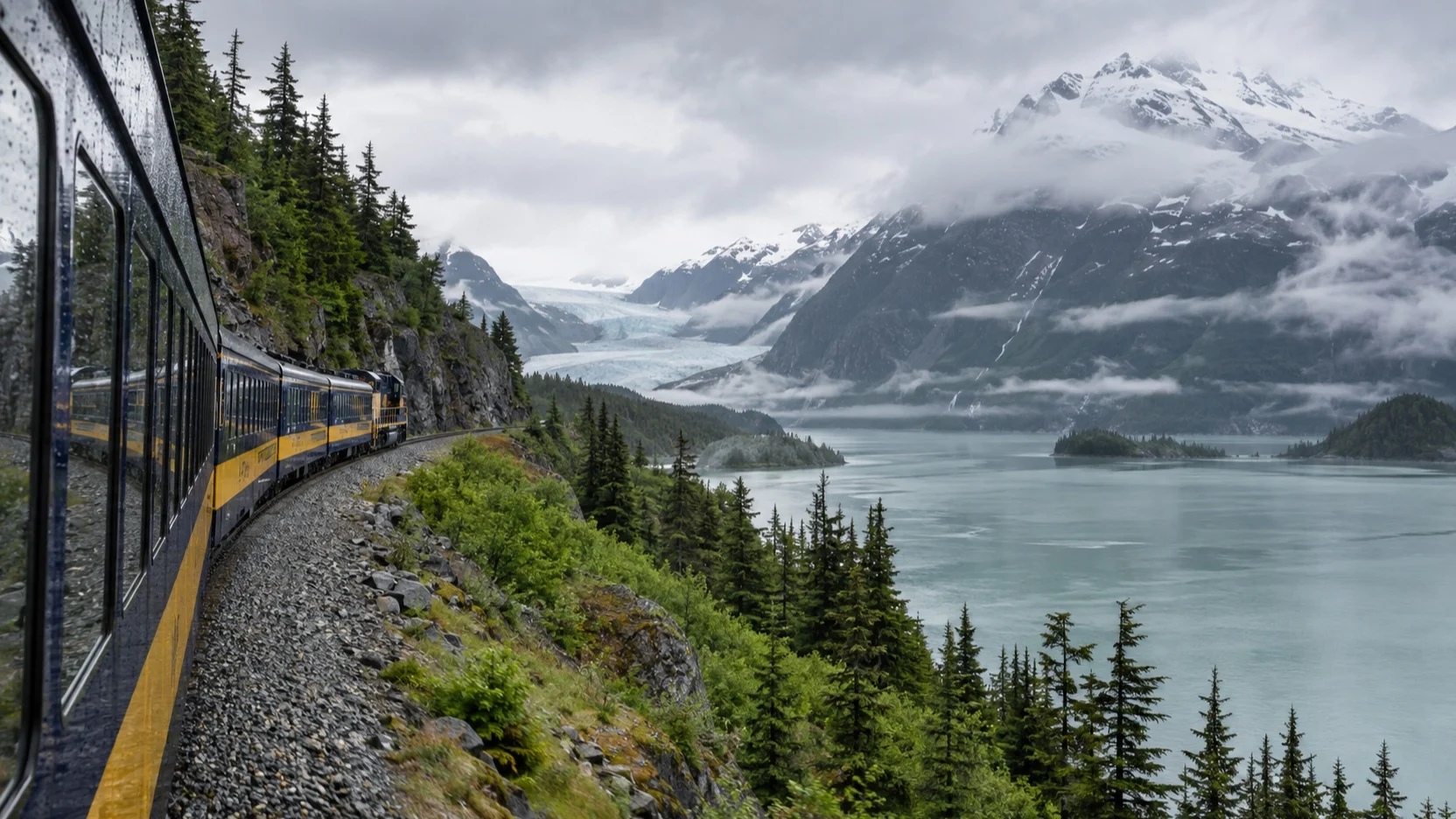 Scenic train passing a misty Alaska fjord in wet weather