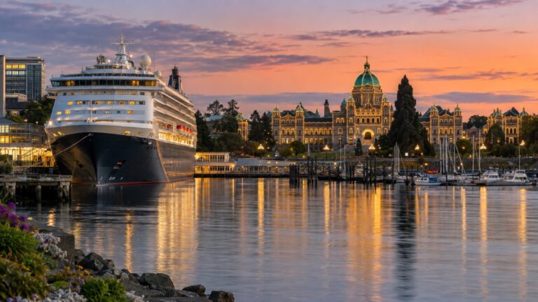 Cruise ship docked in Victoria, British Columbia, with city waterfront at dusk