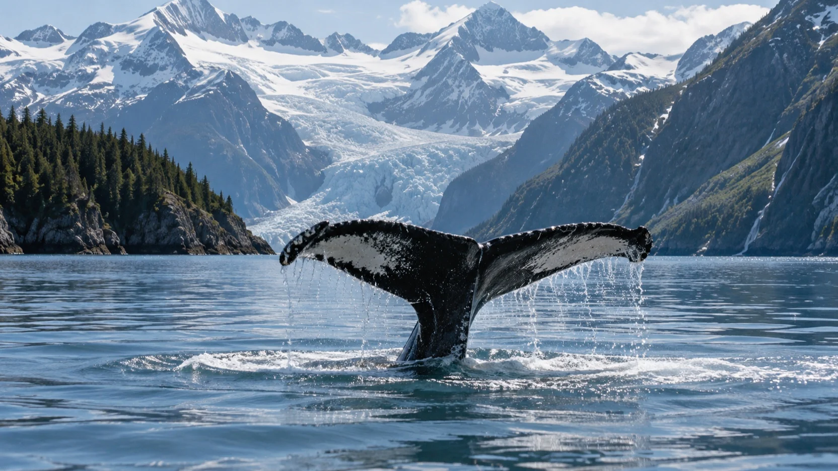 Humpback whale tail rising from an Alaska fjord