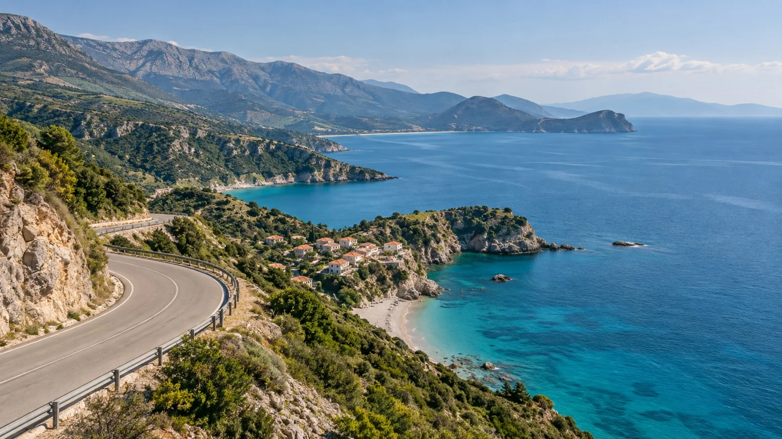Road tracing the rugged Albanian Riviera above the Ionian Sea.