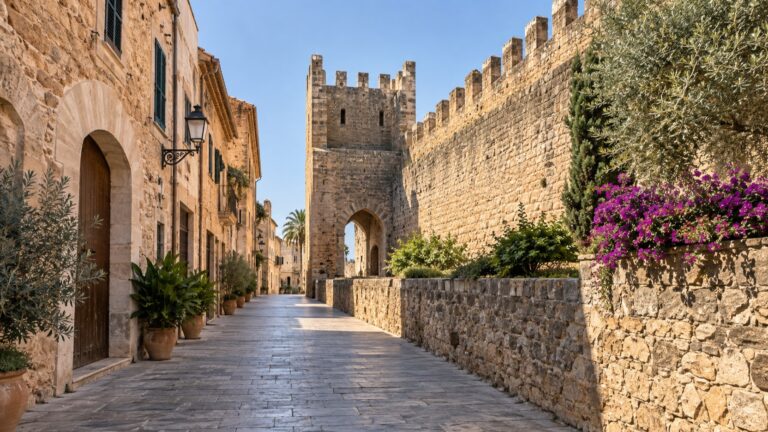 Empty stone lane beside the medieval walls of Alcúdia old town