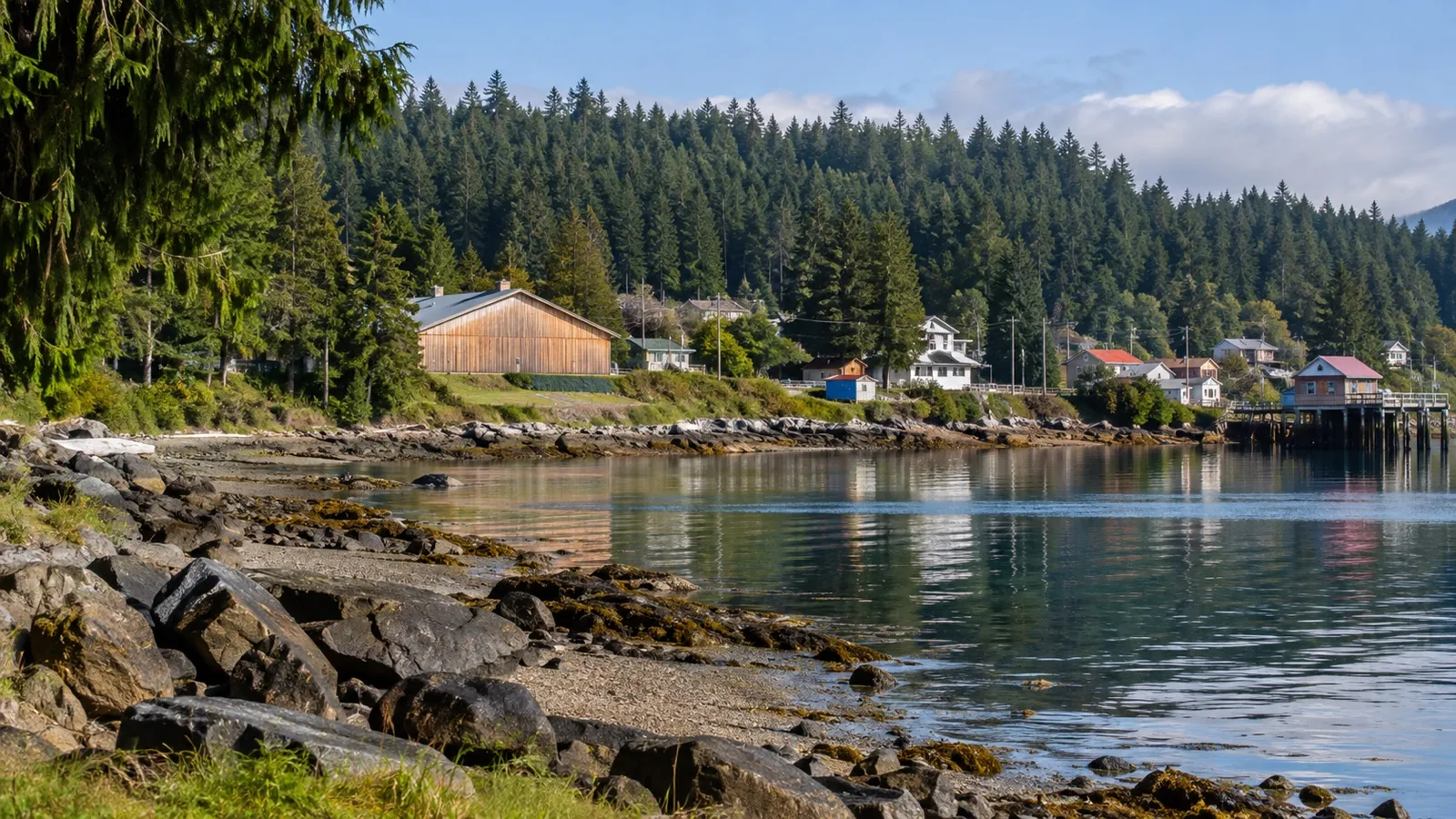 Cedar community building along the Alert Bay shore