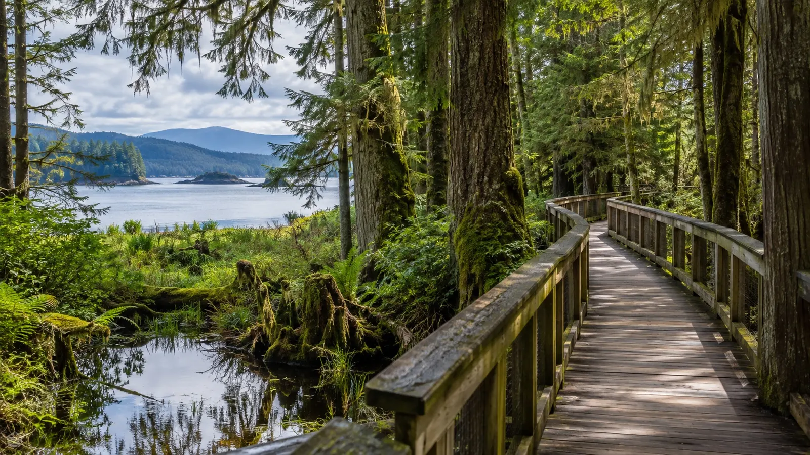 Mossy boardwalk through cedar wetland in Alert Bay Ecological Park