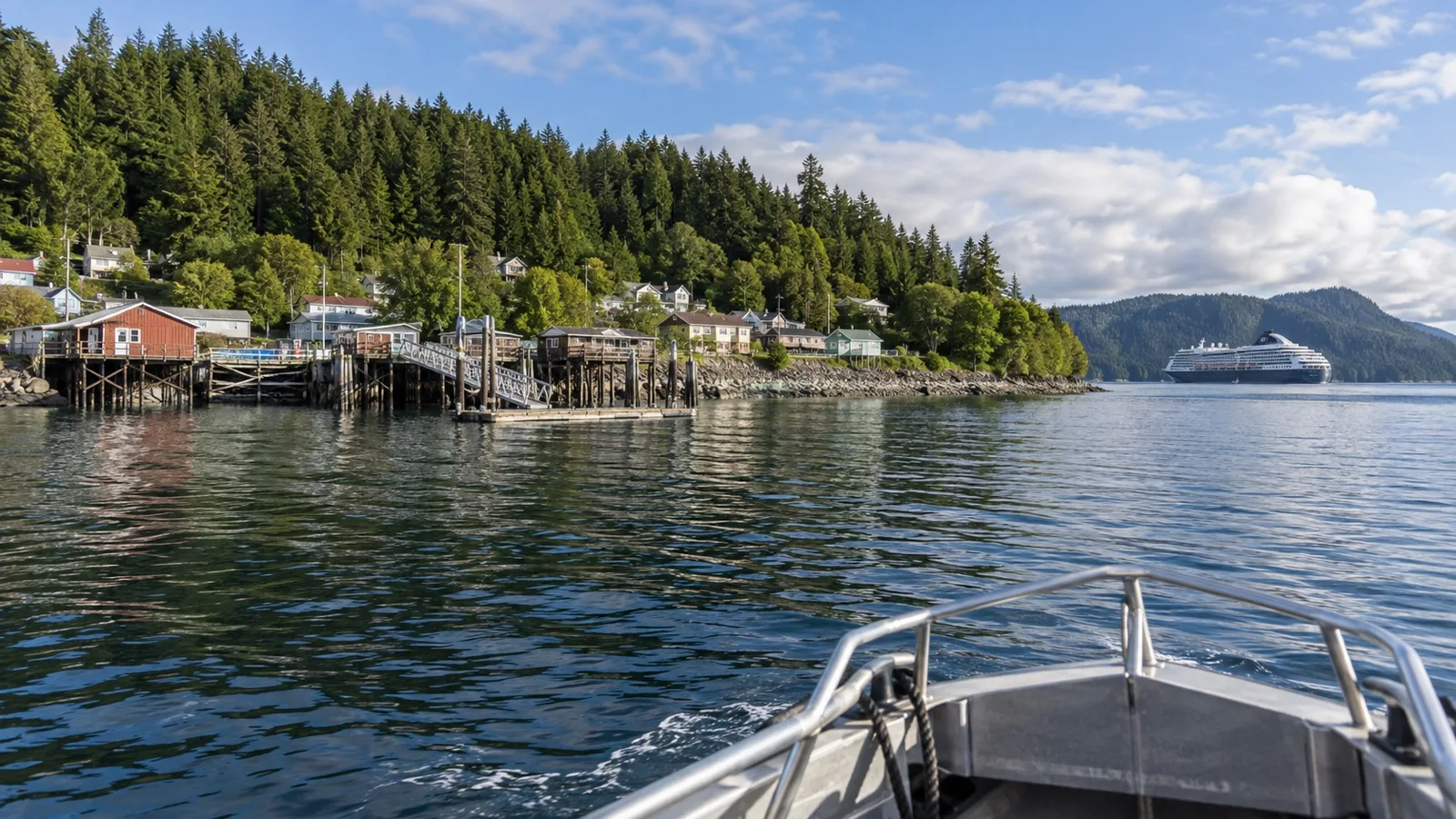 Tender boat approaching Alert Bay waterfront on Cormorant Island