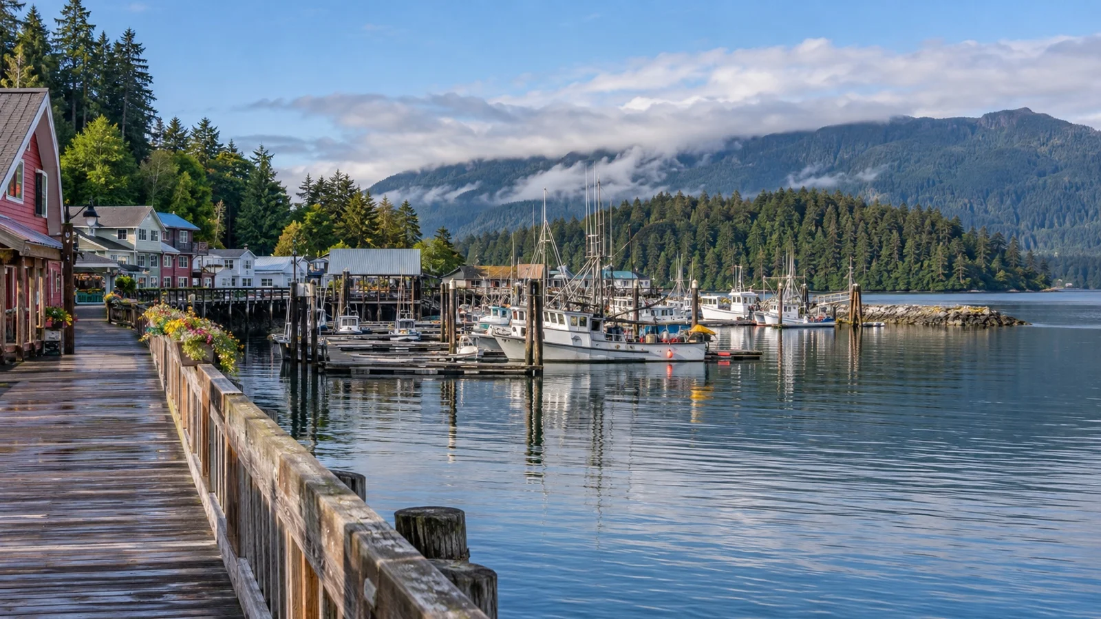 Fishing boats and village buildings along Alert Bay waterfront