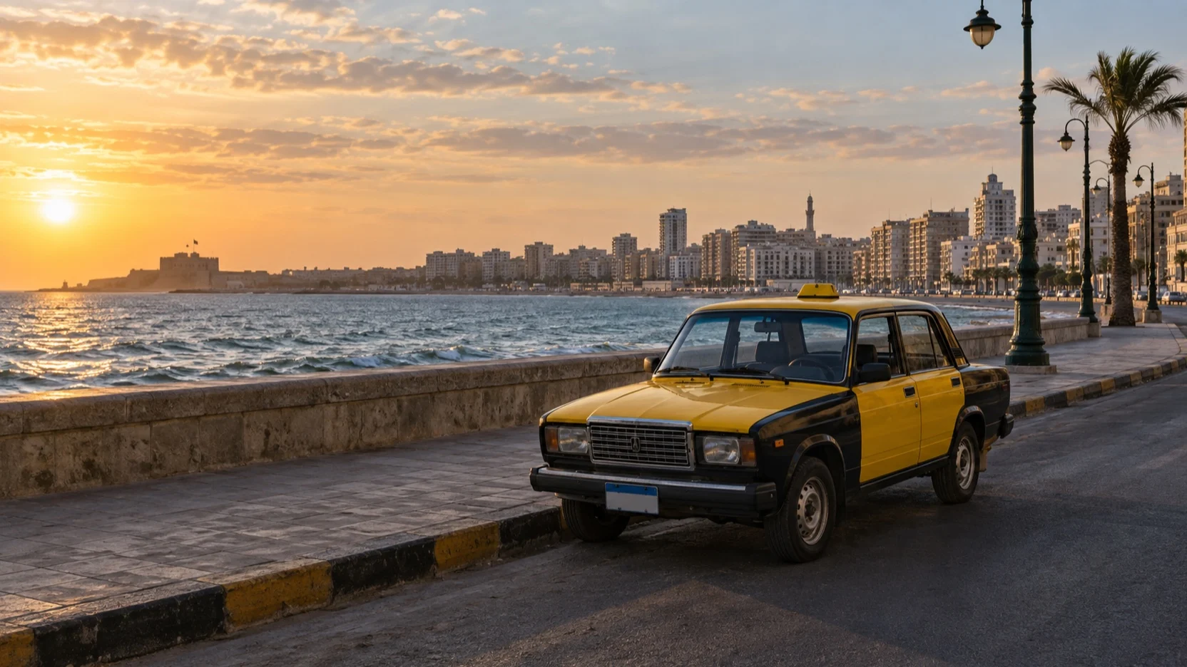 Empty yellow and black taxi beside Alexandria’s Corniche waterfront