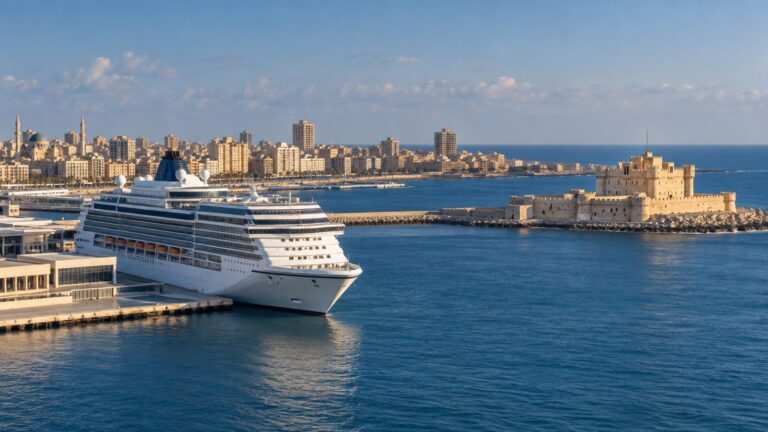 Cruise ship at Alexandria's Mediterranean harbor