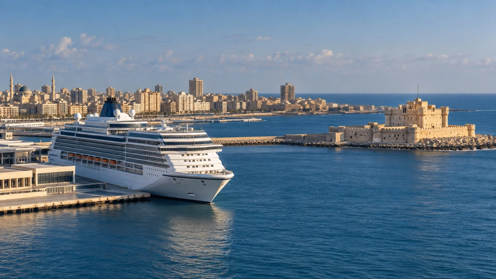 Cruise ship at Alexandria's Mediterranean harbor