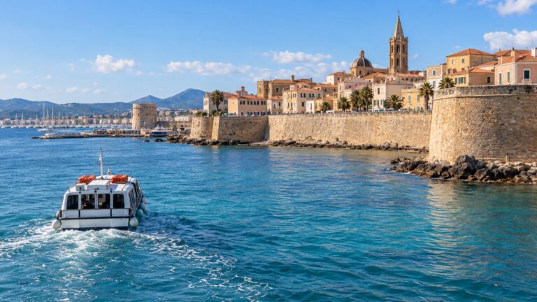 Tender boat approaching Alghero's medieval sea walls and harbor