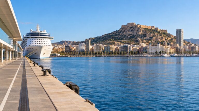 Cruise ship at Alicante quay with Santa Bárbara Castle beyond the harbor