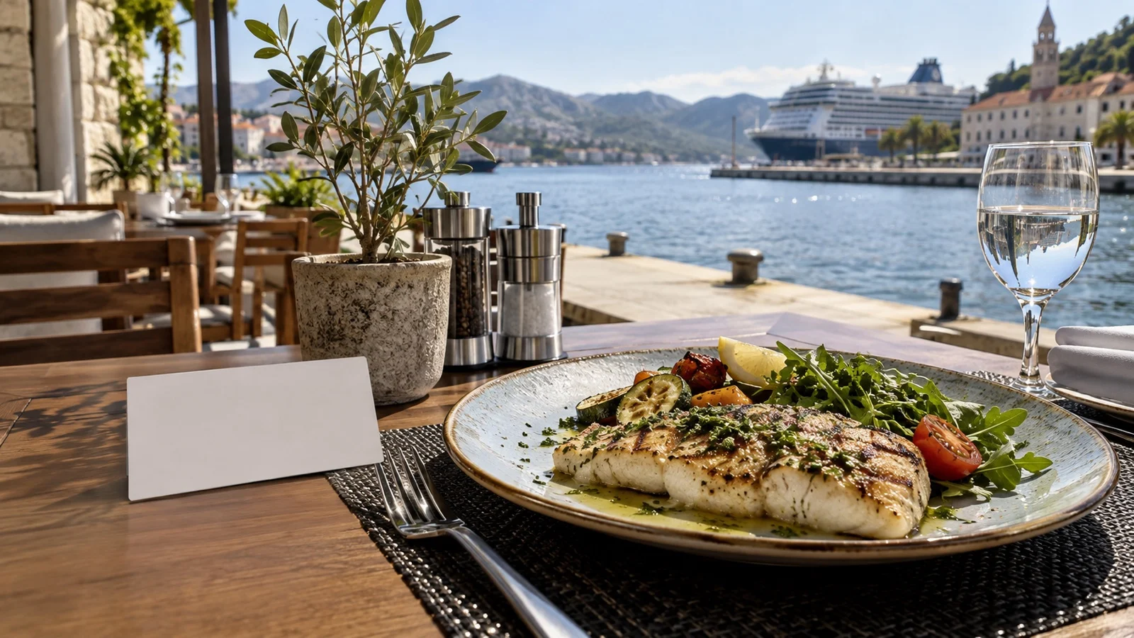 Blank food allergy card beside plated meal at empty portside restaurant