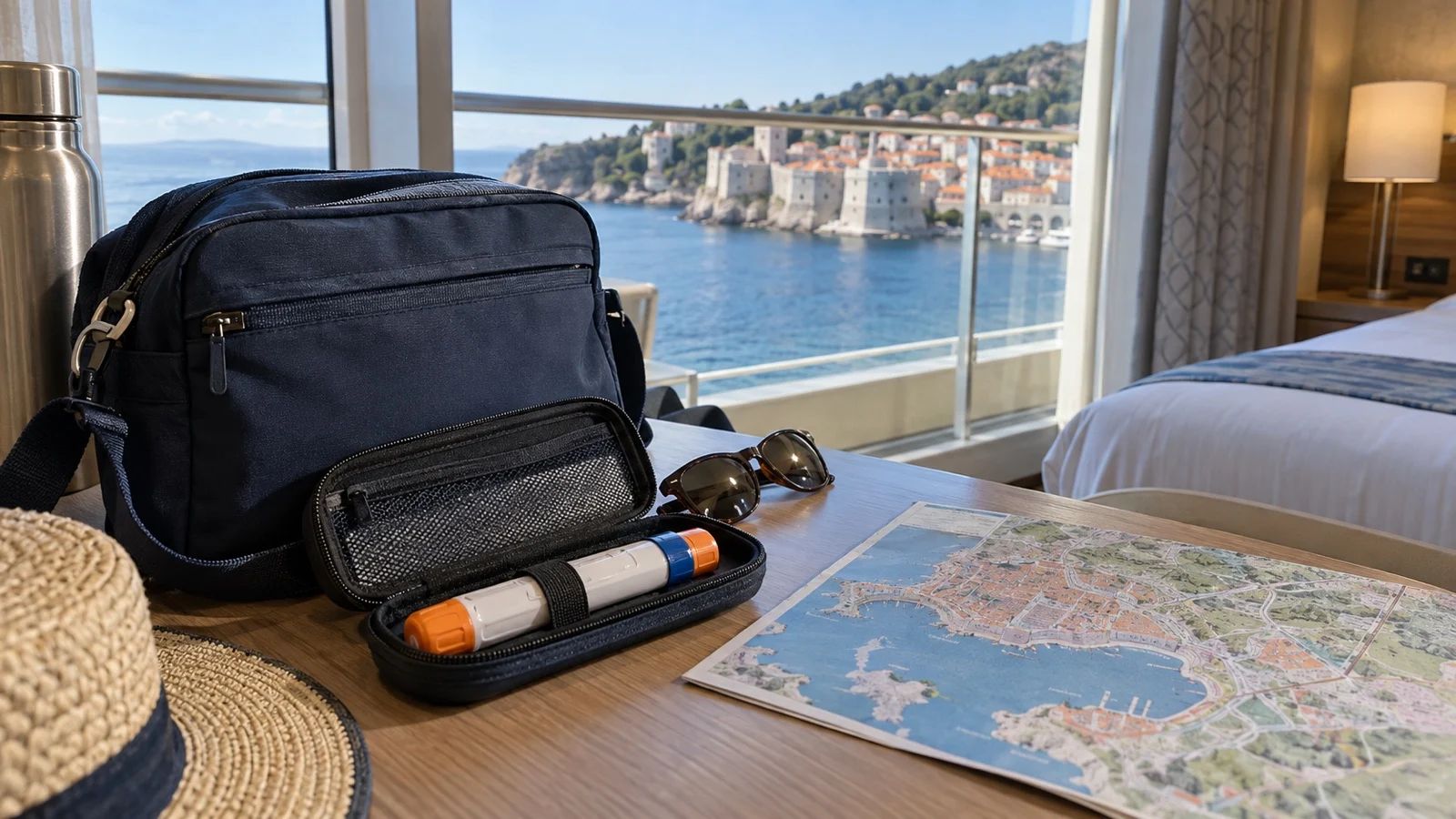 Epinephrine auto-injector case and day bag on a cruise cabin table beside a port map with no readable text