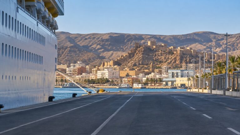 Empty road from an Almería cruise ship toward the city and Alcazaba