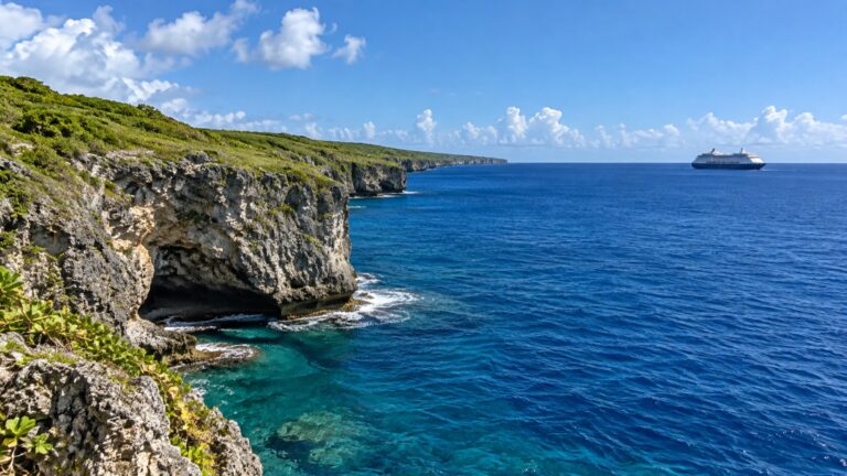 Niue cliffs and ship off Alofi