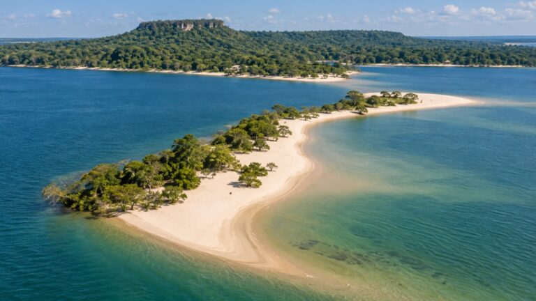 Ilha do Amor sandbar curving into the Tapajós River at Alter do Chão
