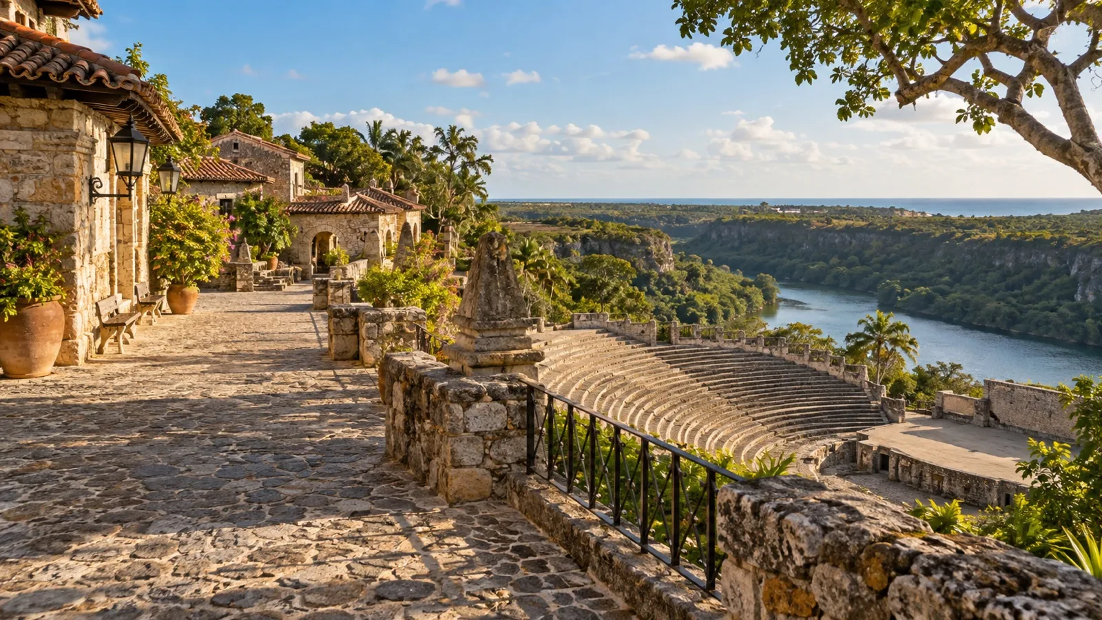 Stone village and amphitheater at Altos de Chavón above the river