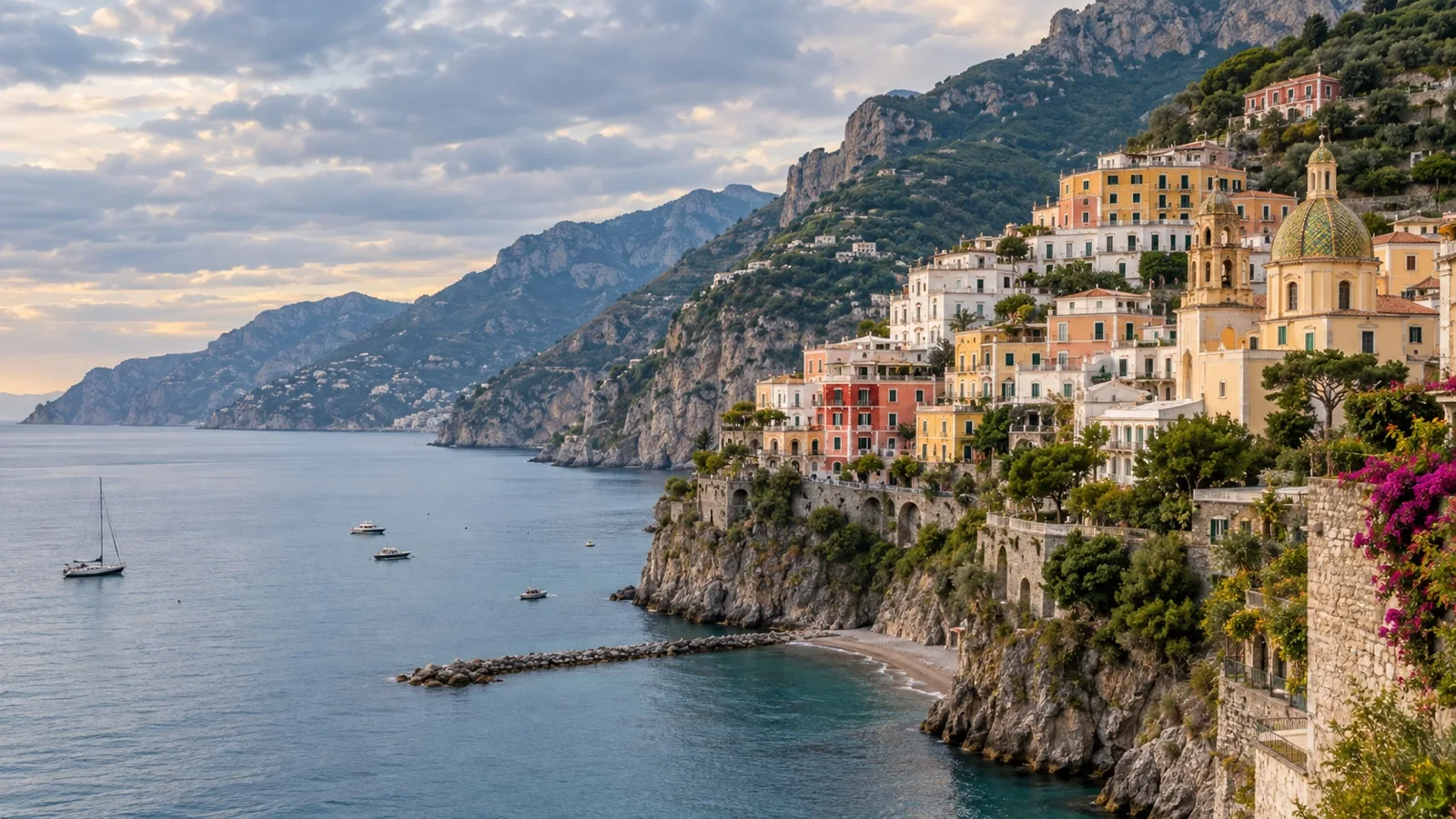 Amalfi Coast town and calm sea under softer October skies