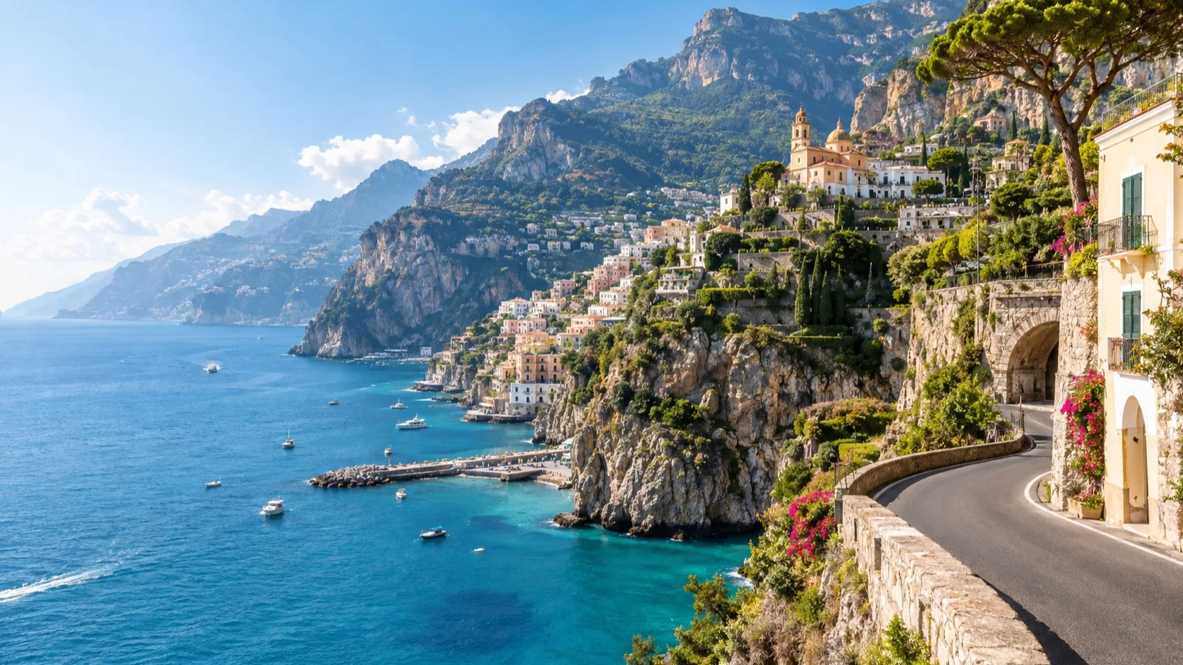 Winding Amalfi Coast road above pastel towns and the Mediterranean