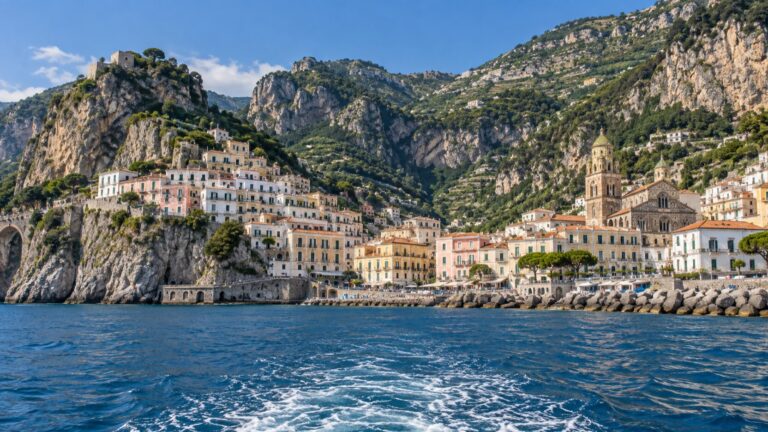 Amalfi harbor beneath the steep houses of the Amalfi Coast