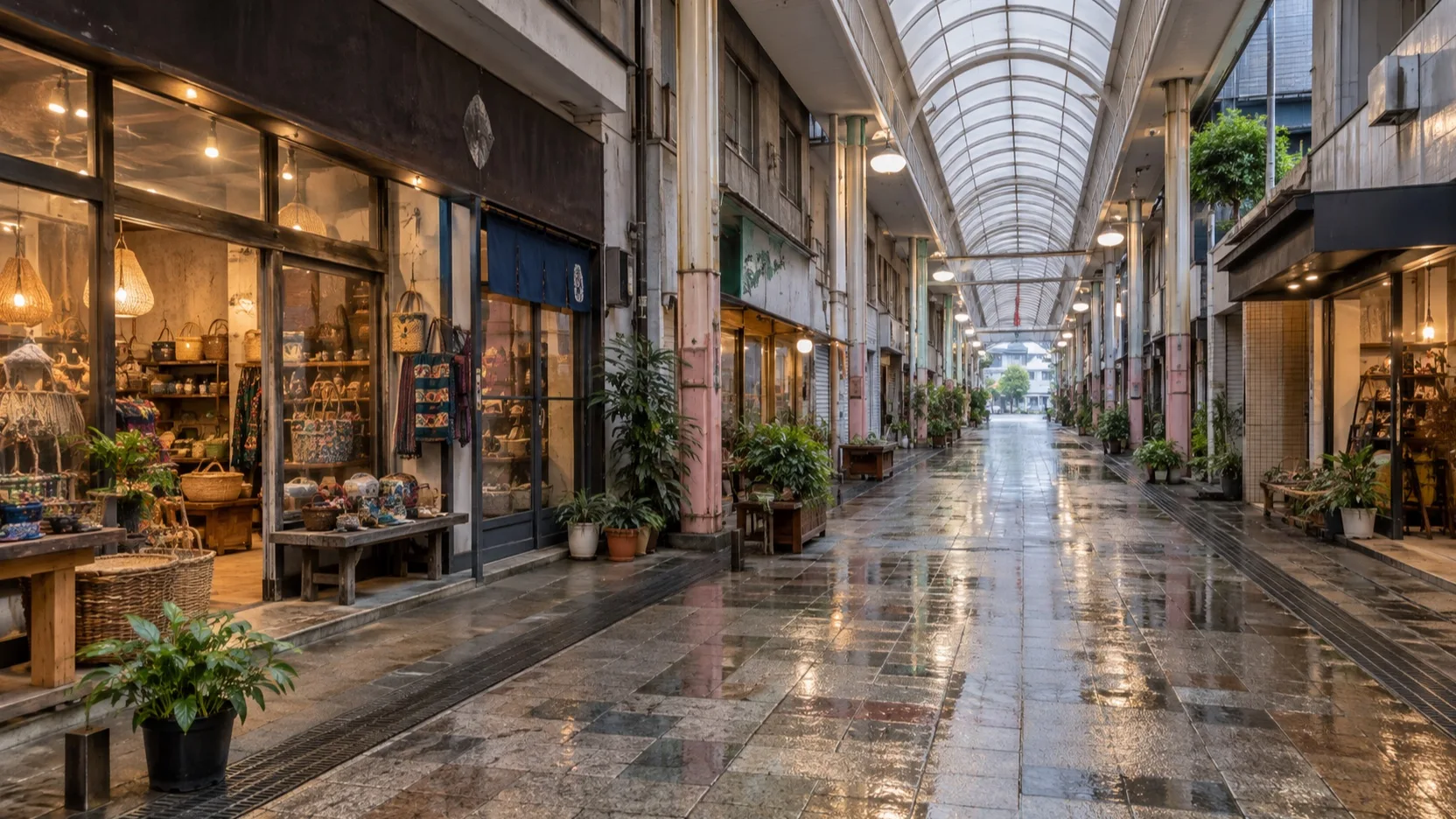Covered shopping arcade in Naze on a rainy day
