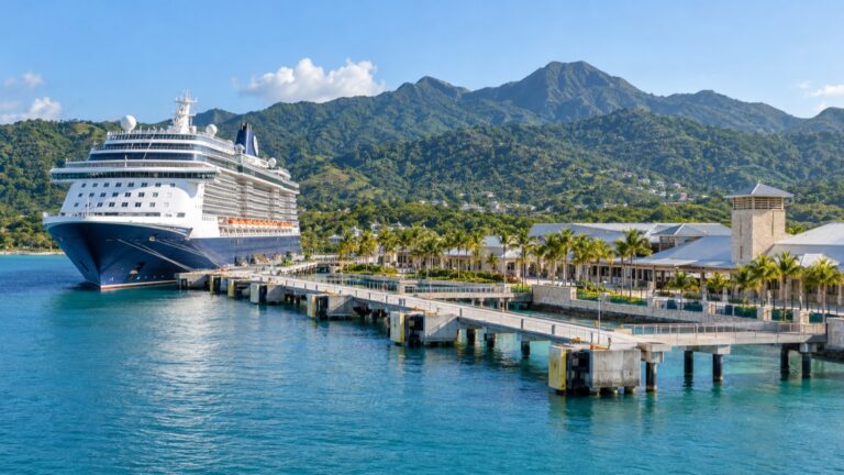 Cruise ship docked at Amber Cove beneath Puerto Plata’s hills