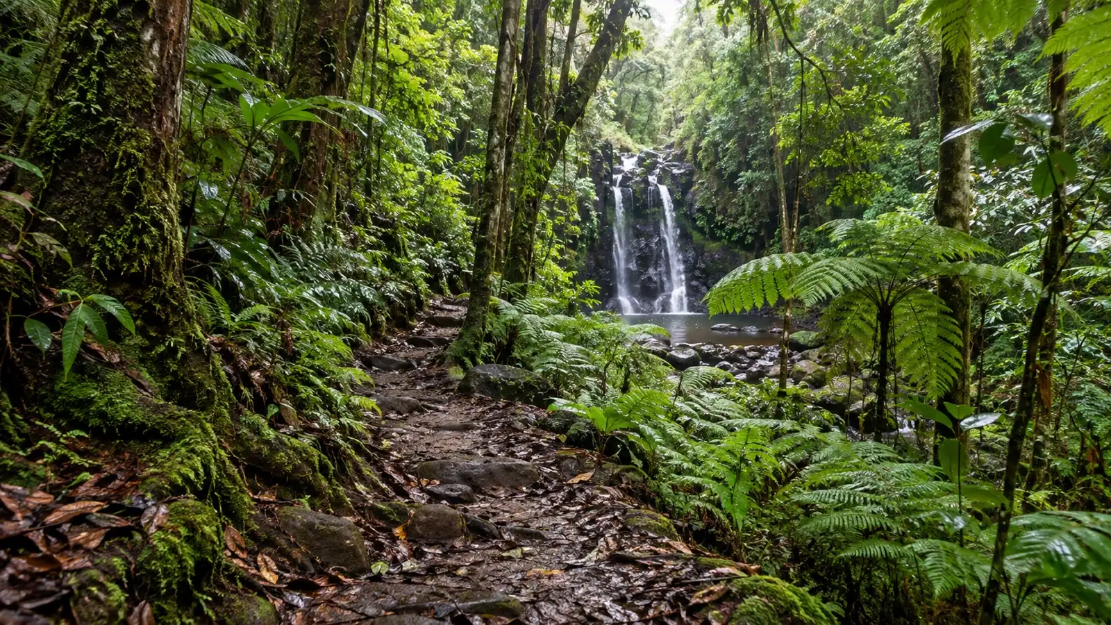 Rainforest trail and waterfall in Amber Mountain National Park, Madagascar