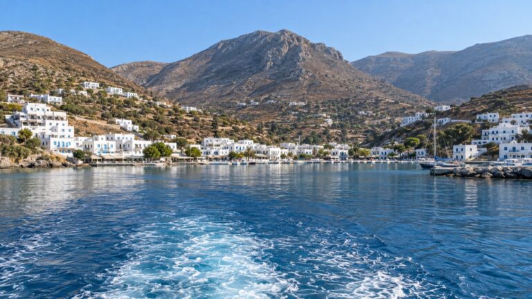 Aegiali village surrounding its sheltered bay on Amorgos