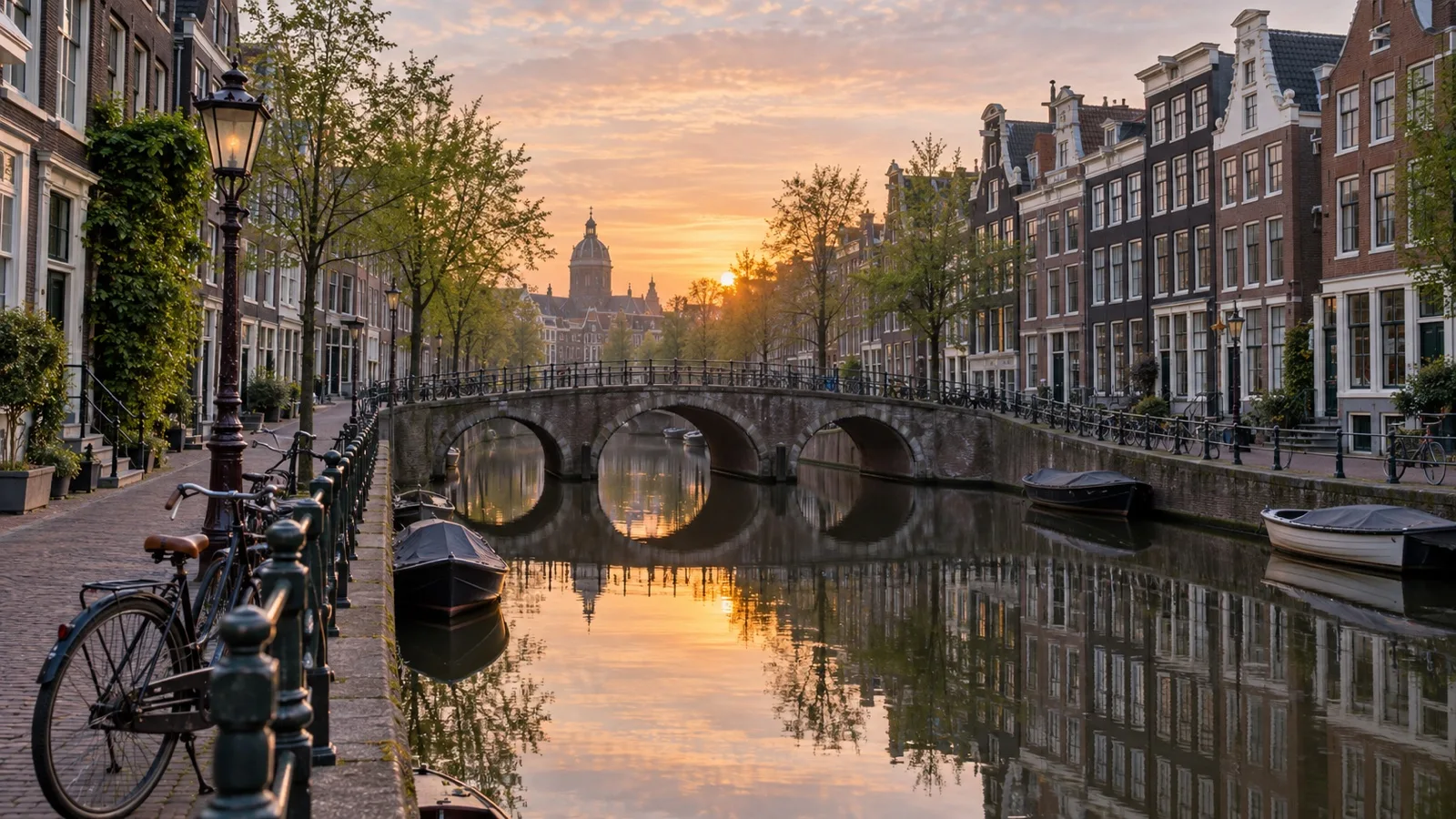Empty Amsterdam canal at dawn with an arched bridge, canal houses, and parked bicycles