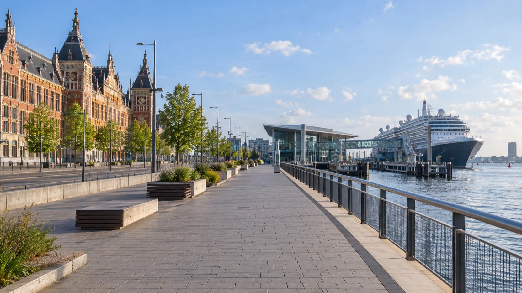 Level IJ waterfront walkway near Amsterdam Centraal