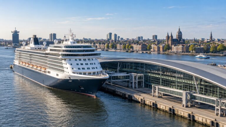 Ocean cruise ship docked at Passenger Terminal Amsterdam on the IJ