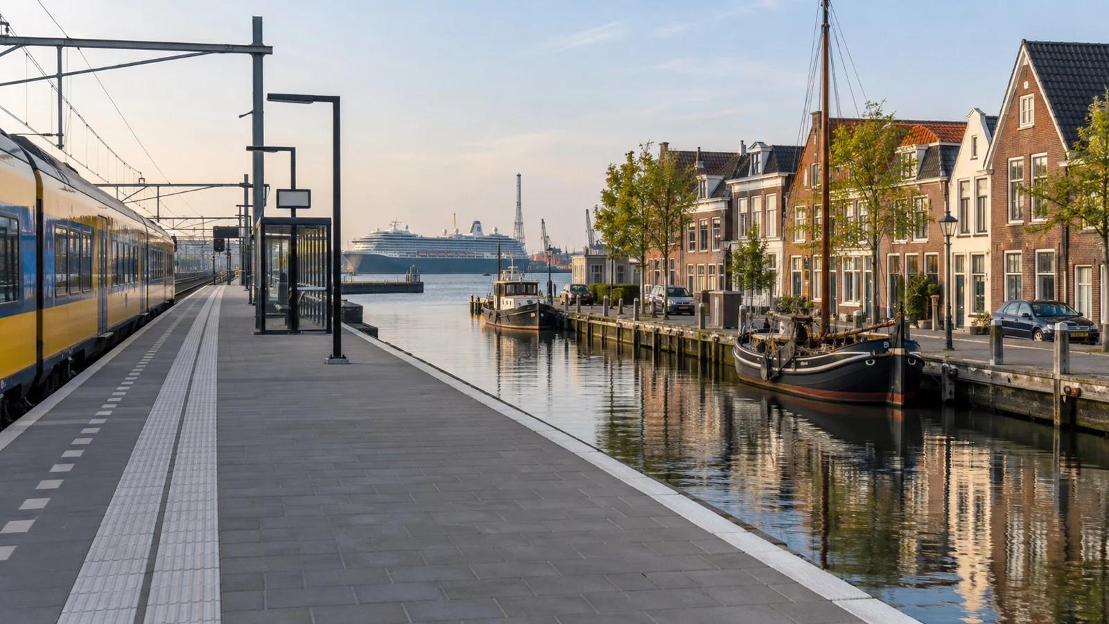 Empty train platform and canal-side street in the Amsterdam region, illustrating the IJmuiden transfer