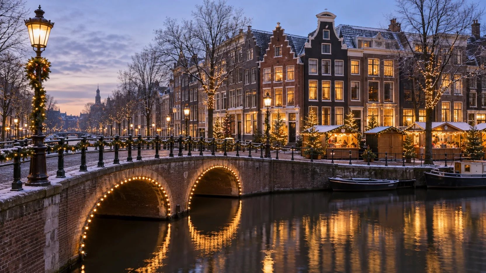 Winter lights and seasonal stalls beside an Amsterdam canal