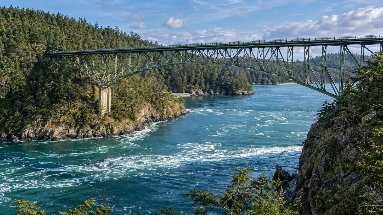 Deception Pass Bridge Washington spanning turbulent blue channel between forested rocky islands, no people
