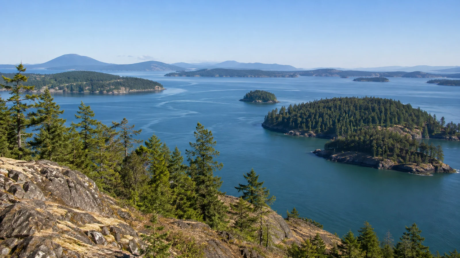 Fidalgo Island Washington forested coast and island-dotted Salish Sea under clear sky