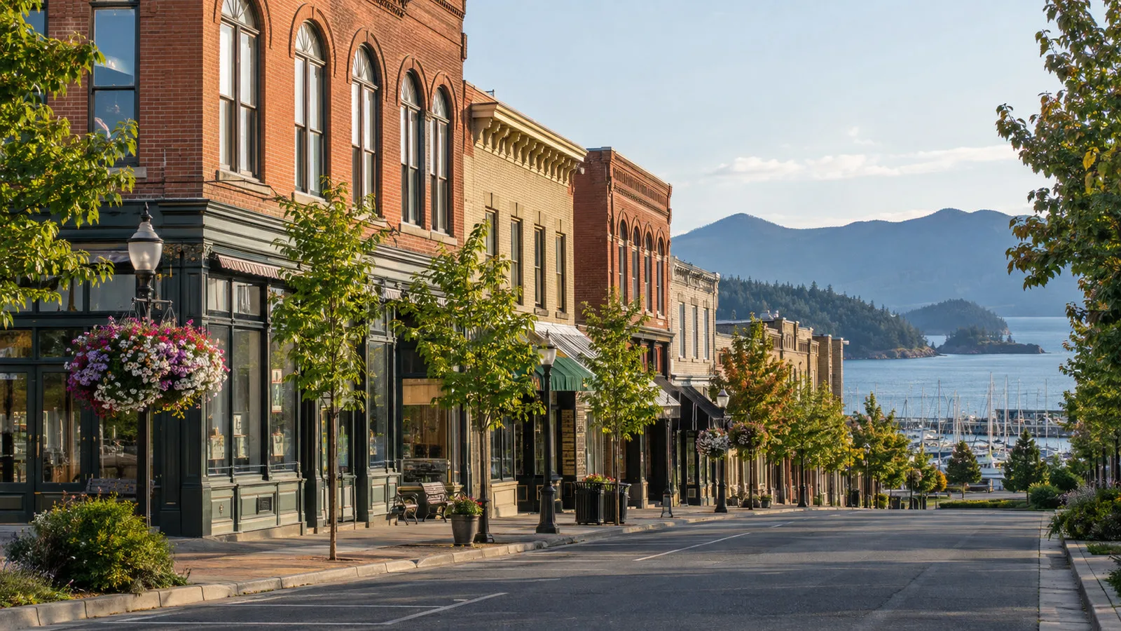 Historic downtown Anacortes Washington with early twentieth-century brick storefronts and quiet street, no people