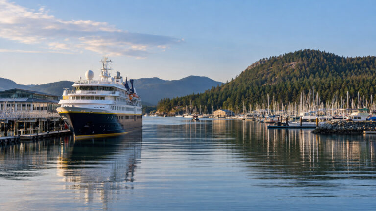 Small expedition cruise ship at Anacortes Washington waterfront on Fidalgo Island with marina and evergreen hills, no people