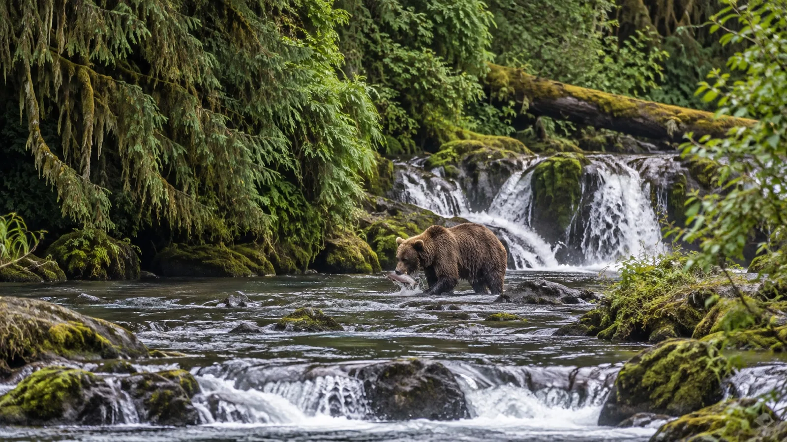 Brown bear fishing in Anan Creek amid Southeast Alaska rainforest