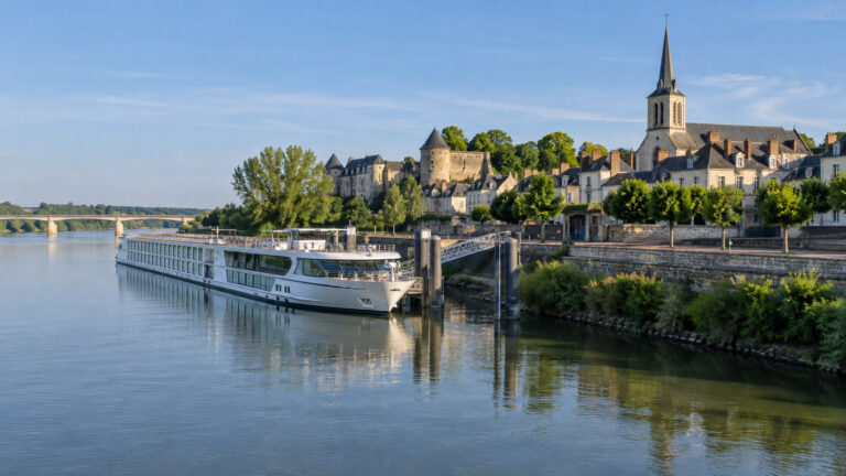 Small river cruise vessel at Ancenis quay on the Loire River
