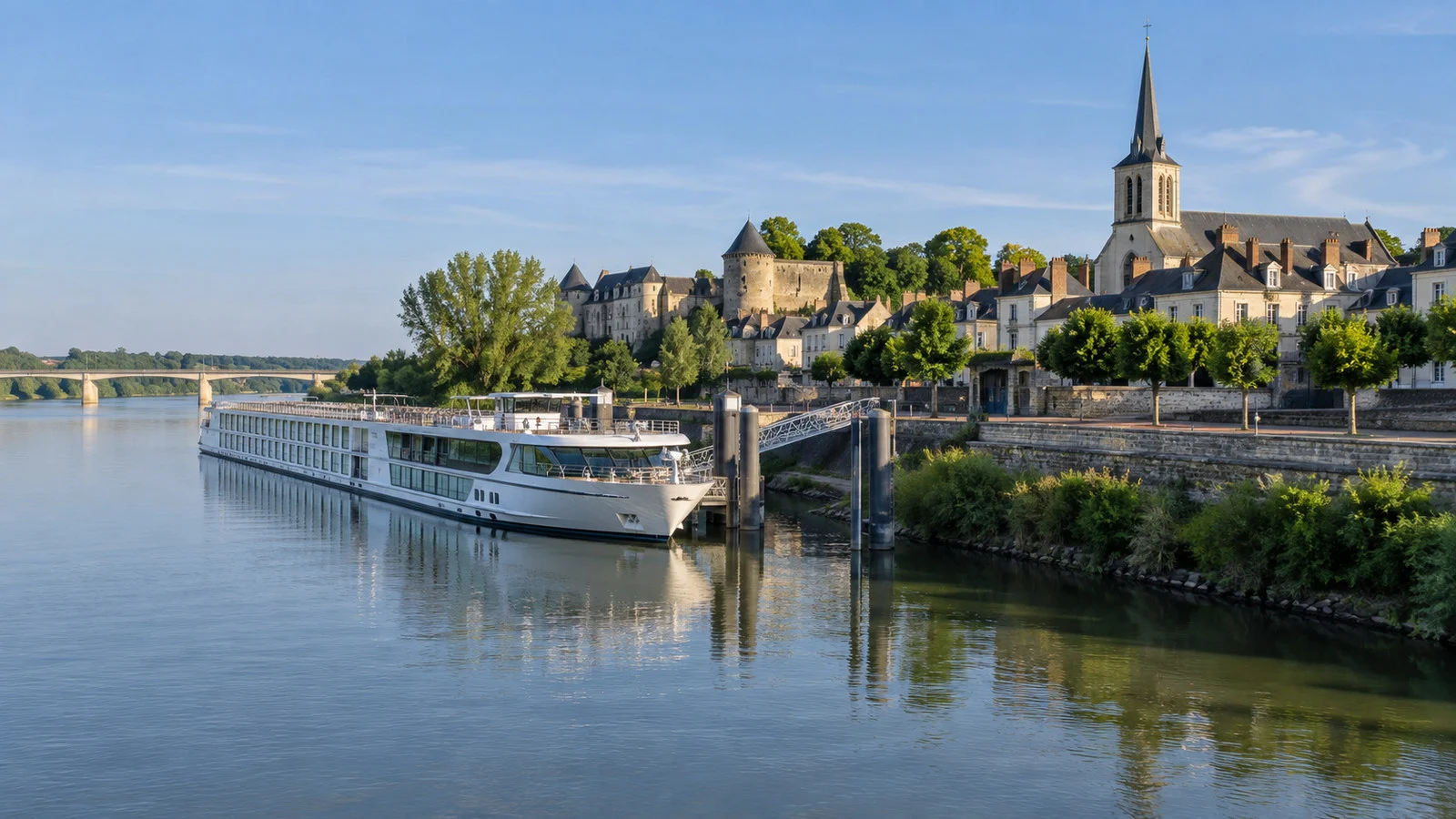 Small river cruise vessel at Ancenis quay on the Loire River
