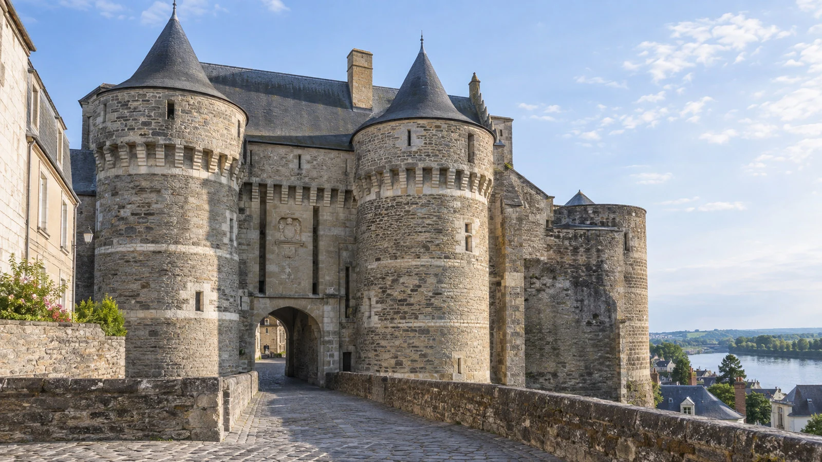 Stone gatehouse and towers of Château d'Ancenis in the town center