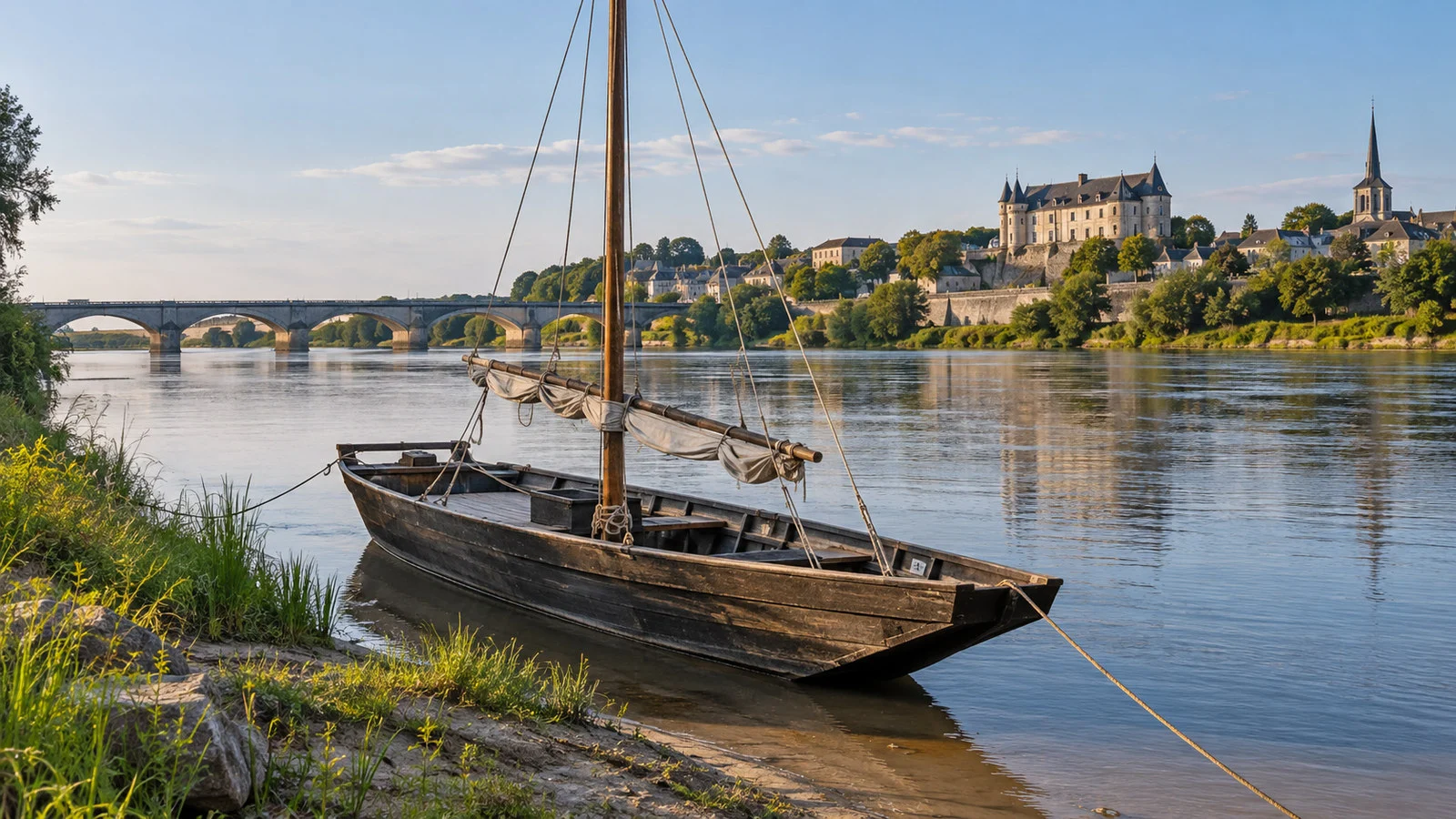 Traditional flat-bottomed gabarre boat on the Loire beside low riverbanks