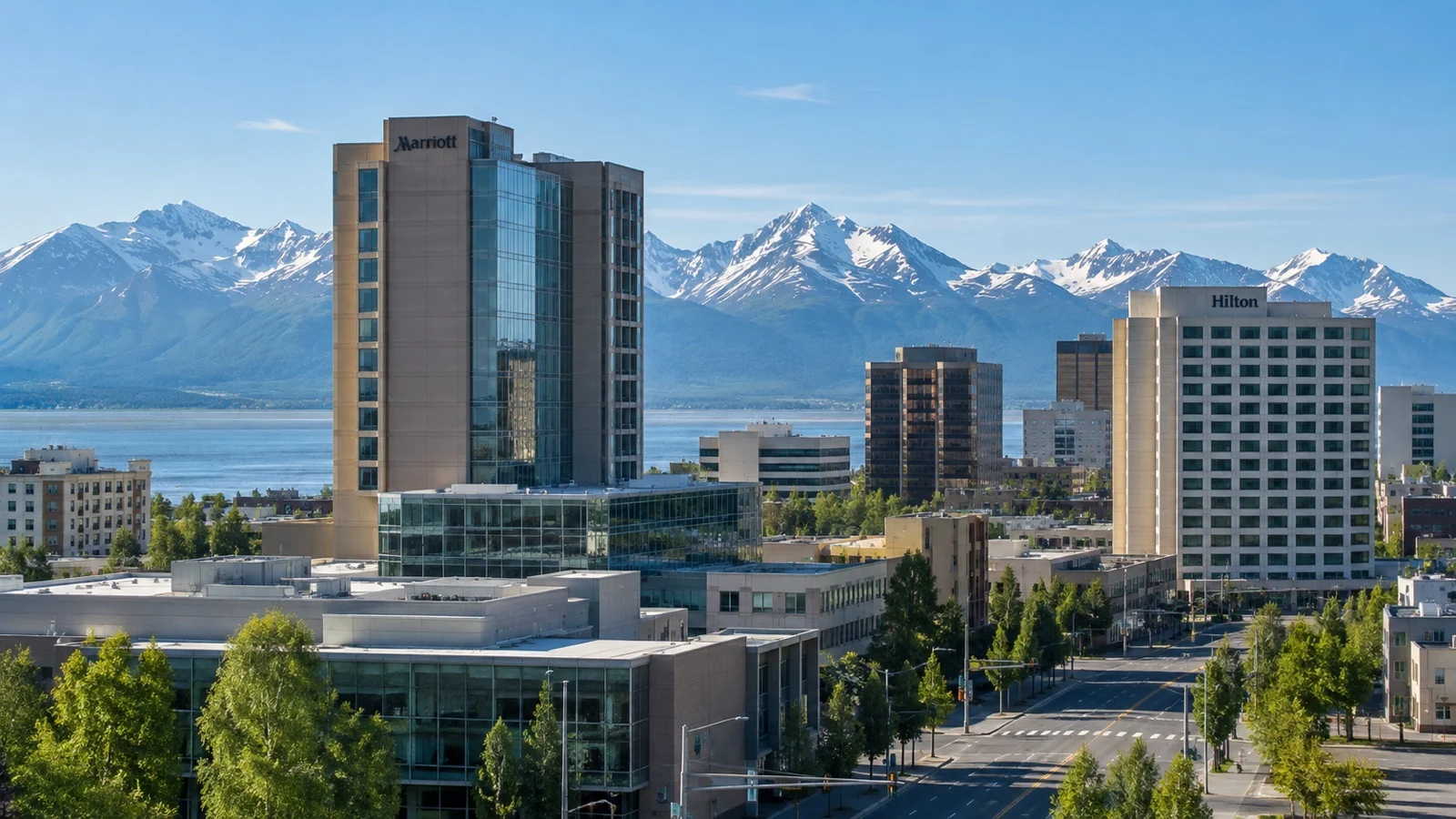 Downtown Anchorage hotel district before Whittier cruise
